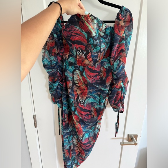 Shape Multi Butterfly Print Bardot Ruched Sleeve Asymmetric Dress - Picture 5 of 7
